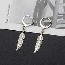 SILVER Feather Pendant Hoop Earrings Jewelry Dangle Earring Women Men Jewellery