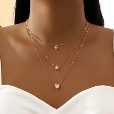 Multilayers Zircon Crystal Heart Star Pendant Necklace Party Jewelry Women Gift