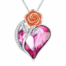 Women Silver Rose Gold Flower With Pink Heart Crystal Pendant Necklace Jewelry