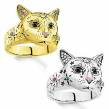 925 Silver Cute Cat Head Rings Colorful Gemstone Band Ring Jewelry Size 5-11