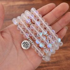 108 White Matte Moonstone Beads Lotus Pendant Beaded Necklace Stackable Bracelet