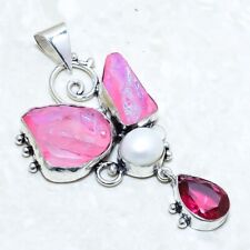 Pink Titanium Druzy, Rubellite Gemstone Silver Jewelry Pendant 2.6 PRJ12686"