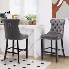 Velvet Bar Stool Set of 2/4/6 Kitchen Counter Height Stool w/Wood Legs Button - Buford - US