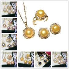 Natural Akoya Cultured Pearl Beads Earrings + Ring + Pendant Necklace Set AAA