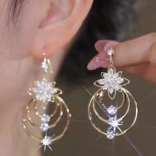 Lotus Flower Gold Plated Hook Zircon Earrings Drop Dangle Women Wedding Jewelry