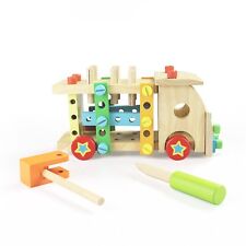 Natural Wood Truck Building Toy Set for Children, Nuts, Bolts Construction Tools