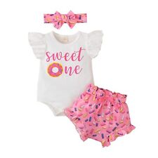 Baby Girl First Birthday Outfit One Ruffle Sleeve Romper+Floral Shorts+Headba...