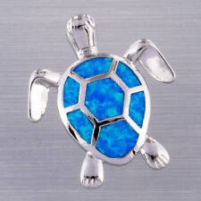 Green Sea Turtle Ocean Blue Fire Opal Silver Jewelry Necklace Pendant