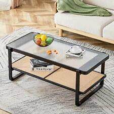 Modern Minimalist Double Layer Black Solid Wood Imitation Rattan Coffee Table - Ontario - US