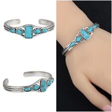 Boho Women Tibetan 925 Silver Turquoise Zircon Open Bangle Cuff Bracelet Jewelry