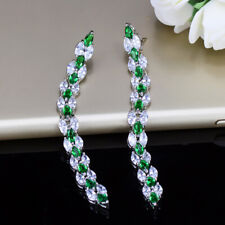 Green Cubic Zircon CZ Salix Leaf Long Dangle Drop Earrings Fashion Brand Jewelry