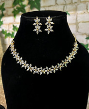 Indian Bollywood Silver Plated Ethnic AD CZ Jewelry Earrings Necklace Bridal Set