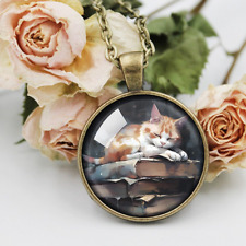 Sleepy cat book Pendant Necklace Jewelry, cat sleeping on books, librarian gift