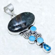 Nuummite, Blue Onyx Gemstone Handmade Silver Jewelry Pendant 2.5 PRJ12897"