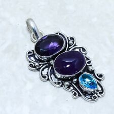 African Amethyst, Blue Topaz Gemstone Silver Jewelry Pendant 2.0 PRJ14521"