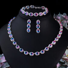 Silver Plated Rainbow Cubic Zircon CZ Oval Necklace Bracelet Earring Jewelry Set