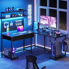 89L Shaped Gaming Desk with LED Lights&Monitor Stand Computer Desk"