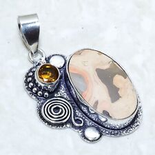 Leopard Skin Jasper, Citrine Gemstone Silver Jewelry Pendant 1.7 PRJ12842"