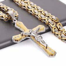 Christian Jesus Cross Crystal Pendant Necklace Stainless Steel Men Chain Jewelry