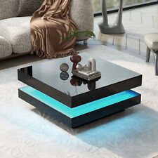 ON-TREND High Gloss Minimalist Design with LED Lights, 2-Tier Square Coffee Tabl - El Monte - US