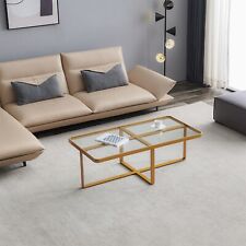 Minimalist Rectangle Coffee Table, Golden Metal Frame & Tempered Glass Top - Ontario - US