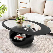 Minimalistic Black High Gloss Oval Glass Coffee Table Hollow Storage Living Room - Mumbai - India