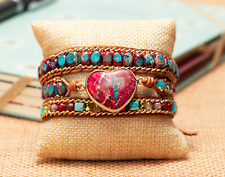 Sexy Red Heart Gold w Leather Wrap Bracelet Gold Heart Button - Handmade Jewelry