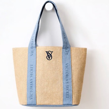 Victoria's Secret NWT Straw Beach Tote Bag Denim Handles Logo Summer