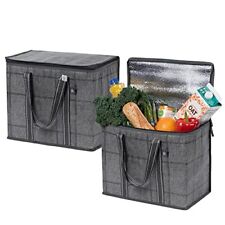 2 Pack Large Insulated Reusable Grocery Bag W/cardboard Bottom Food Delivery Hea