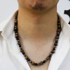 10+8mm Tiger Eye Hematite Obsidian Stone Triple Protection Vintage Mens Necklace