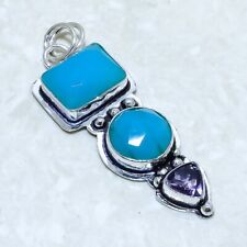 Blue Onyx, Amethyst Gemstone Handmade Silver Jewelry Pendant 2.4 PRJ14442"