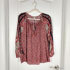 Lucky Brand Blouse Womens M Red Brown Floral Cotton Blend Tassel Tie Lightweight