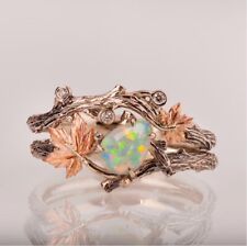 2Pcs Women Vintage Antique Silver Twig Maple Leaf Opal Ring Set Jewelry Sz 5-10