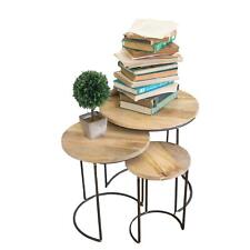 Modern Round Natural Wood Set Three Metal Base Nesting Accent Tables Minimalist - Mumbai - India