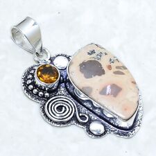 Leopard Skin Jasper, Citrine Gemstone Silver Jewelry Pendant 1.7 PRJ12794"