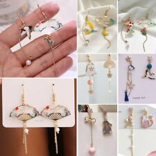 Chinese Style Folding Fan Crane Hanging Dangle Earrings Women Asymmetric Jewelry