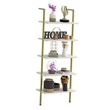 5 Tiers Ladder Shelf White Marble Modern Bookshelf 1 PC 23.6IN 5-tiers White - Miami - US