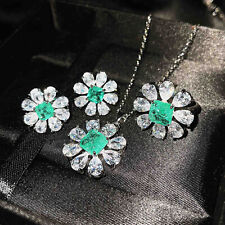 3pc Xmas Jewelry Paraiba Green Tourmaline Gems Women Girl Necklace Earring Rings