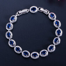 Round Cut Silver Plated Cubic Zircon Tennis Bracelet Women Bridal Blue Jewelry