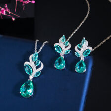 Top Silver Plated Light Blue CZ Women Party Drop Necklace Earrings Jewelry Set