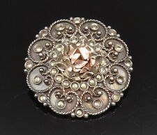 GREECE 925 Silver - Vintage Rose Tone Flower Marcasite Dome Brooch Pin - BP9985