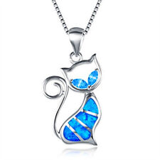 New Silver White Simulated Opal Cat Pendant Necklace Jewelry