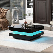 High Gloss Minimalist LED Lights 2-Tier Square Coffee Table Center Table Black - Fontana - US