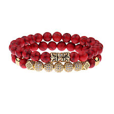 2Pcs/Set Luxury Women Men Micro Pave CZ Ball Crown Red Agate Bracelets Jewelry