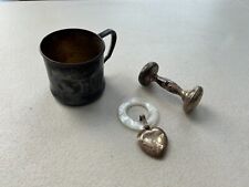 3 Vintage Baby Items - Oneida Tudor Plated Cup Rattle & Teething Rattle