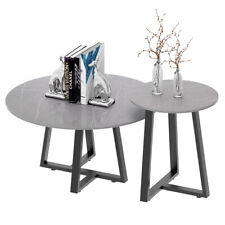 Set Of 2 Round Nesting Coffee Table Real Grey Marble Table With Black Metal Legs - Edison - US