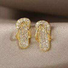 Gold Plated Crystal Slipper Ear Earrings Stud Women Party Fashion Jewelry Gift