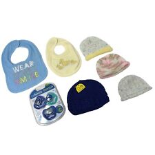 Baby Items - 4 Knit Hats, New Dr. Browns Advantage Pacifiers, & 2 Bibs