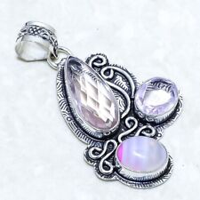 Faceted Kunzite, Banded Agate Gemstone Silver Jewelry Pendant 2.2 PRJ12787"