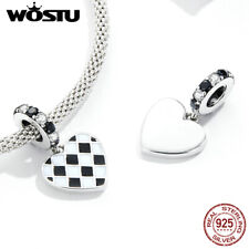 Wostu 925 Sterling Silver Charms Black-White Grid Love Pendant Bead Bracelet DIY